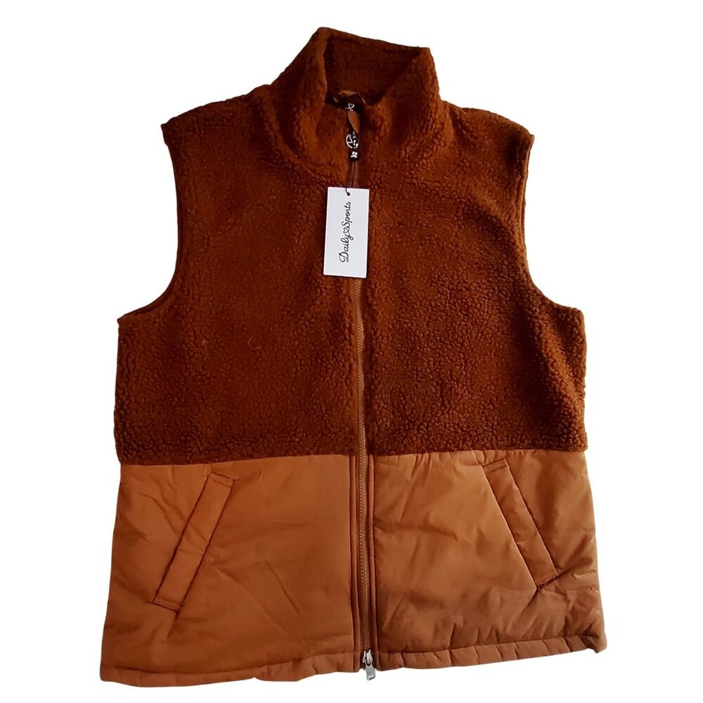 Daily Sports Womens Brown Sherpa Fleece Vest With Pockets & Full Zipper Size M